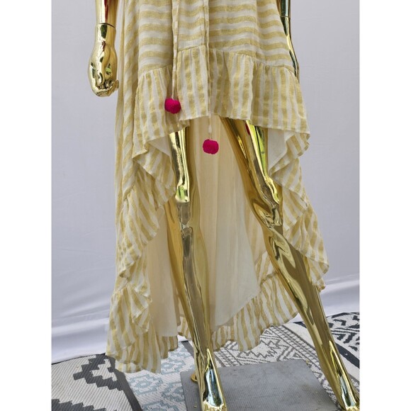Revolve Sundress Alena High Low Off Shoulder Dress Yellow Stripe Pom Pom M/L - Picture 6 of 14